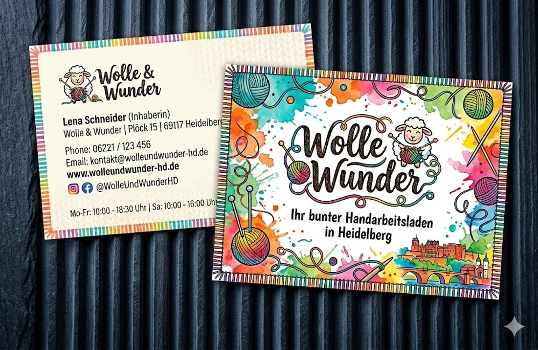 Bunte illustrative Visitenkarte für einen Handarbeitsladen in Heidelberg