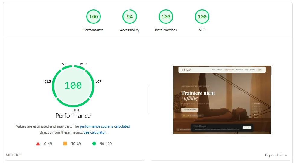 Google PageSpeed Lighthouse Score — Lume Reformer